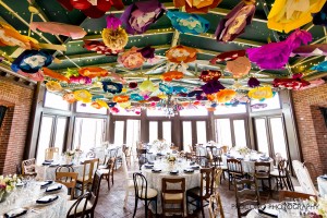 Atrium with bright paper flower canopy, Procopio Photography wedding trend
