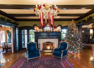 Foyer with fireplace with holiday decor