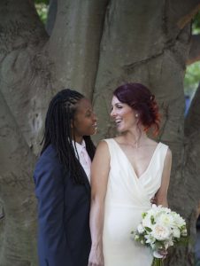 Katie and Talyn September Carriage House wedding couple