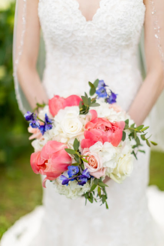 Pink and white and blue floral bouquet.