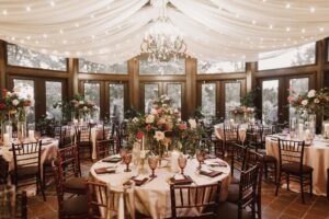 Indoor reception space with round tables, flowers, maroon napkins and ceiling lighting.